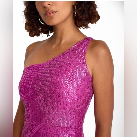 Express NWT Sequin Maxi Dress Neon Berry One Shoulder Side Slit size Small - Picture 6 of 11